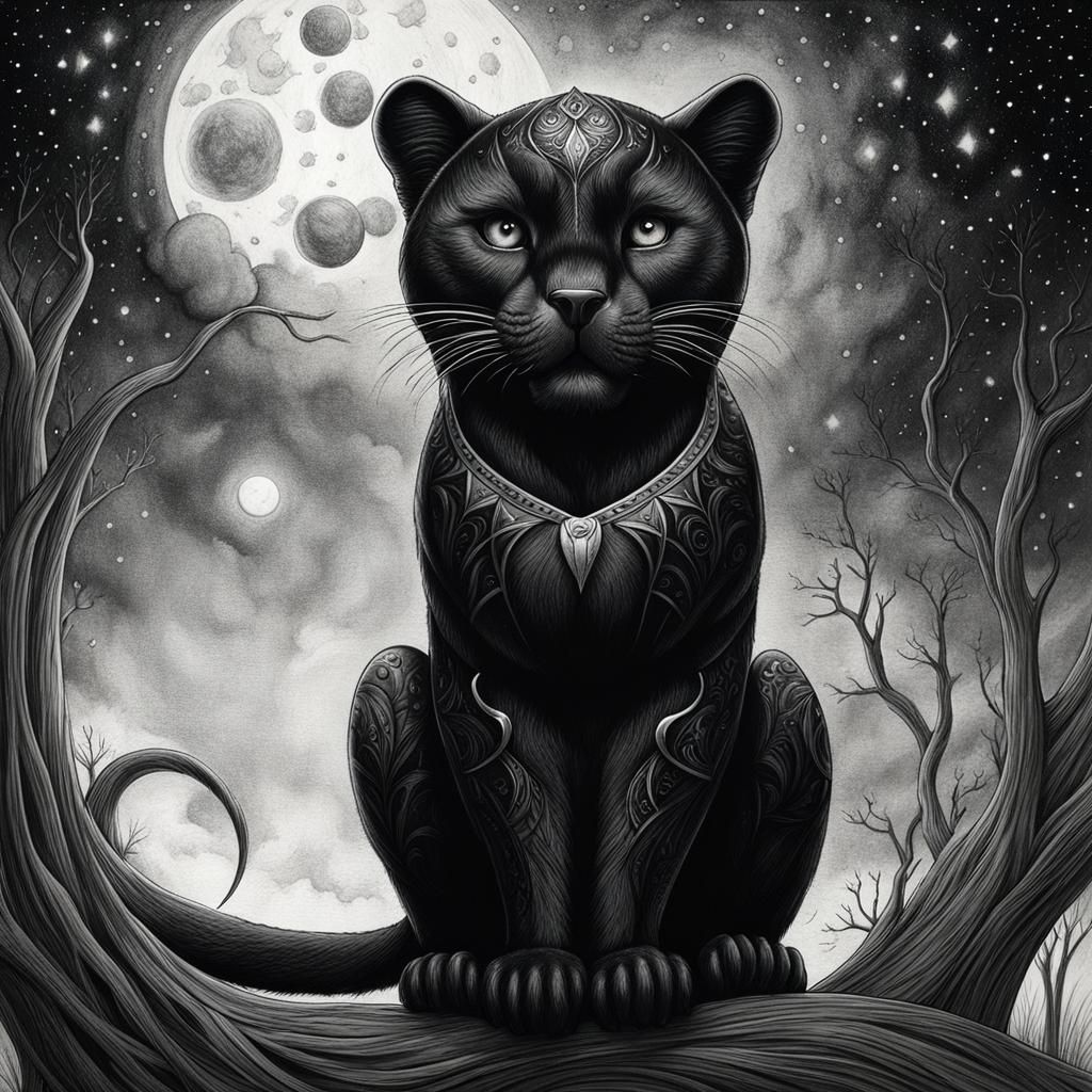 Black Panther in Starry Sky: Art Brut Ink Drawing