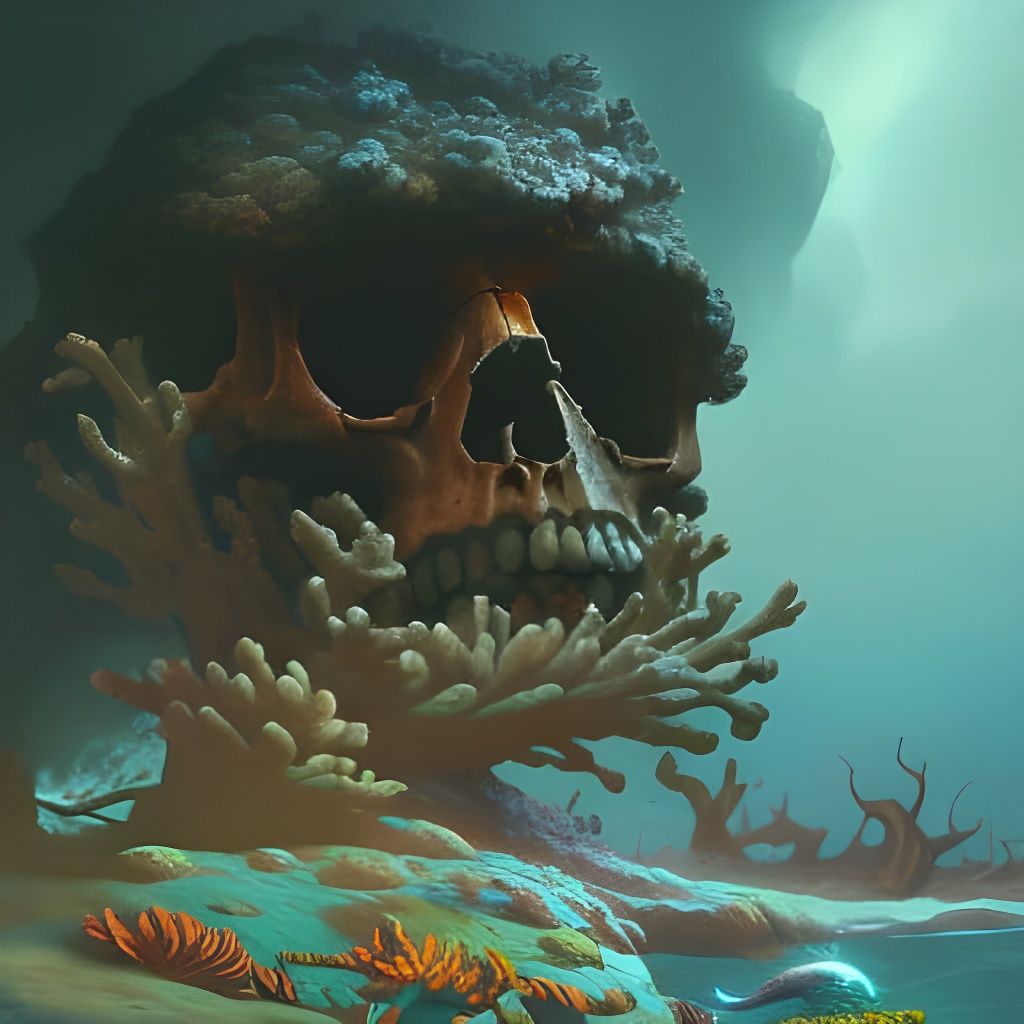 Underwater Coral Skull: Dark Fantasy Concept Art