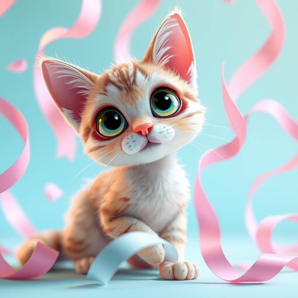 Whimsical 3D Feline Wonderland in Soft Brush Style
