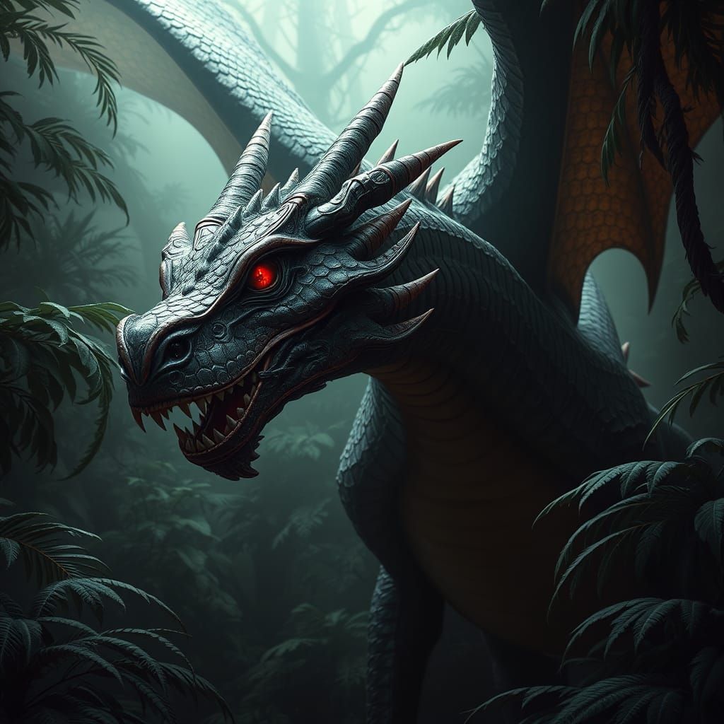 Dragon of Dark Flames, with Blazing Coal Horns and Scales of...