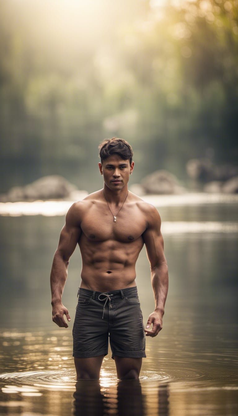 Shirtless Man by River with Elephants, Dreamlike Lighting