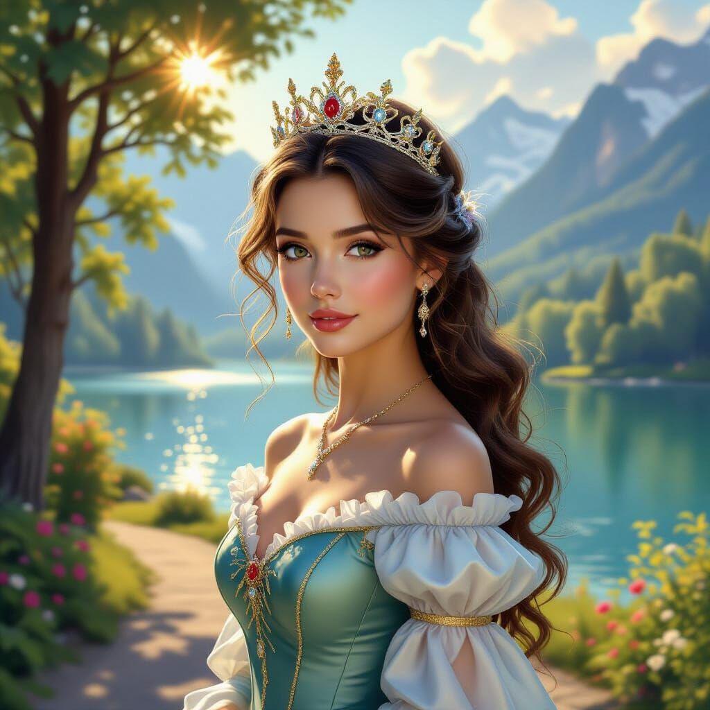 Crowned Princess in Vibrant Landscape Digital Matte Painting