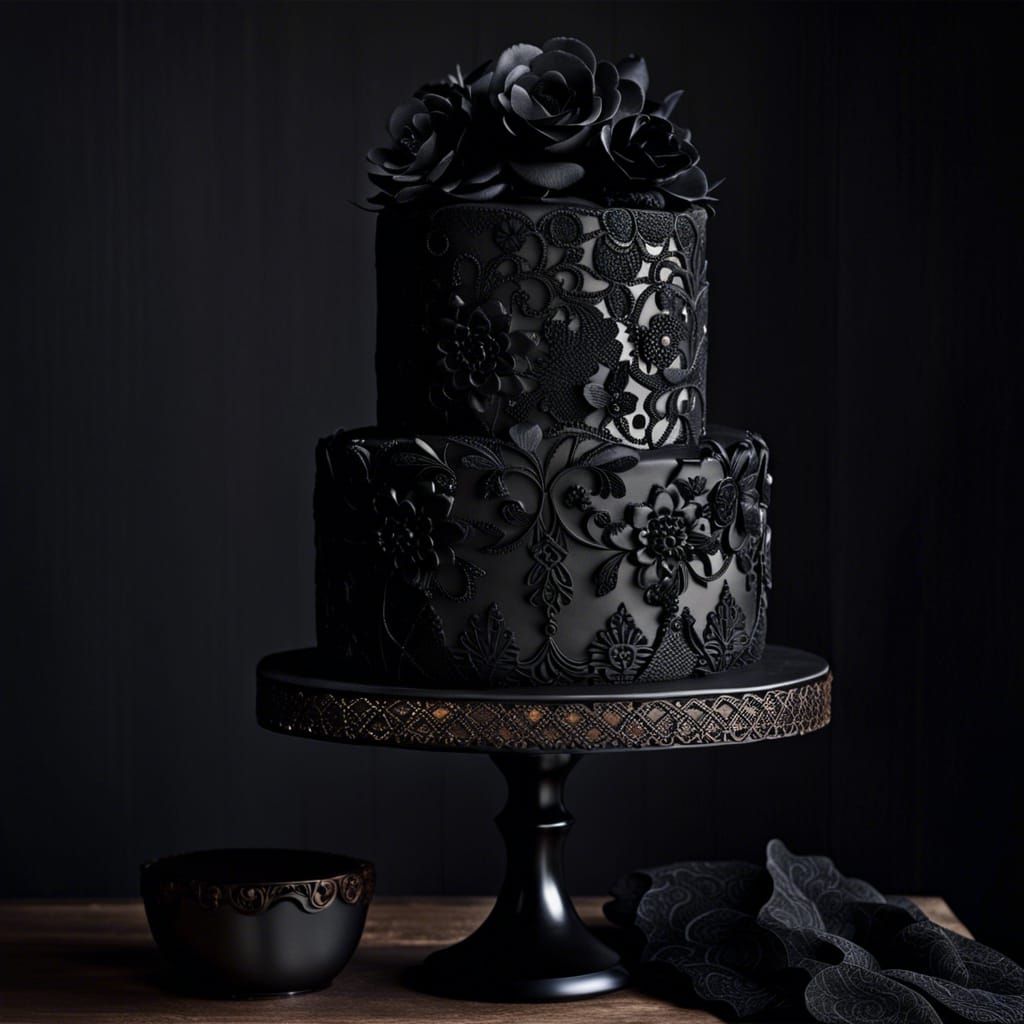 Elegant Gothic Cake with Black Lace and Flowers