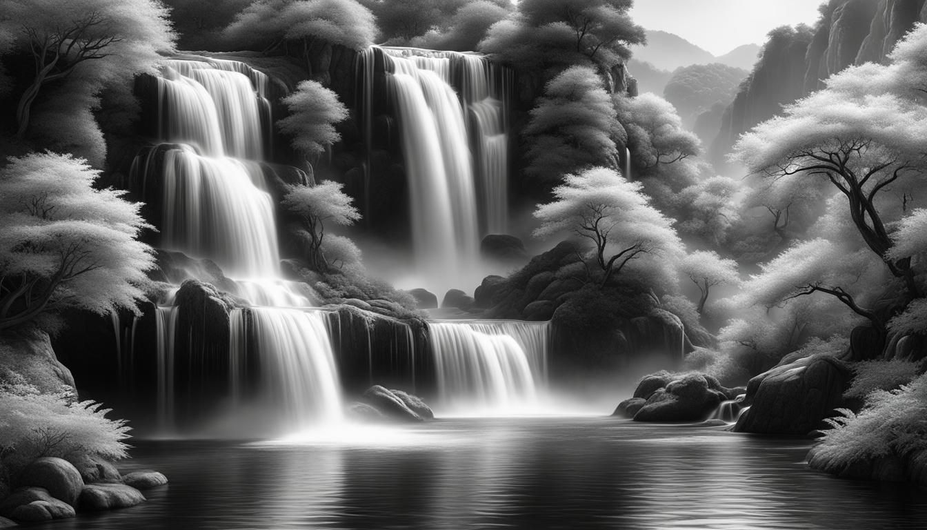 Oriental Landscape Waterfall in Coloring Book Style