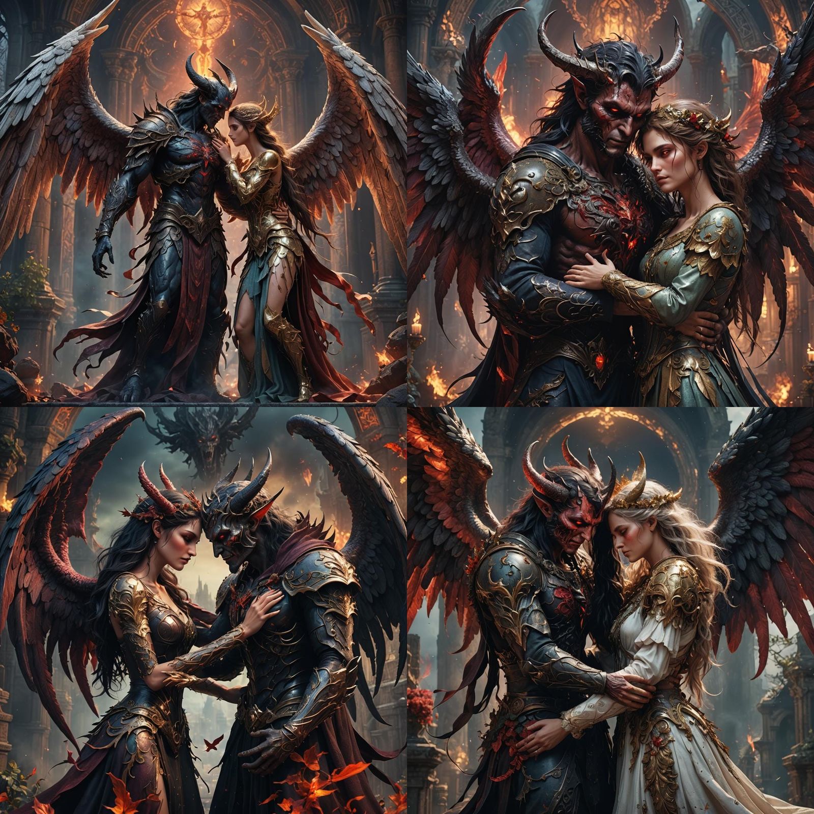 Romantic Embrace: Demon and Angel in Detailed Fantasy Art