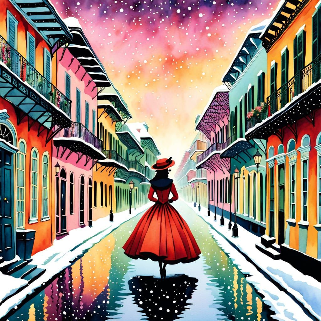 Surreal New Orleans Snow Scene in Watercolor Style