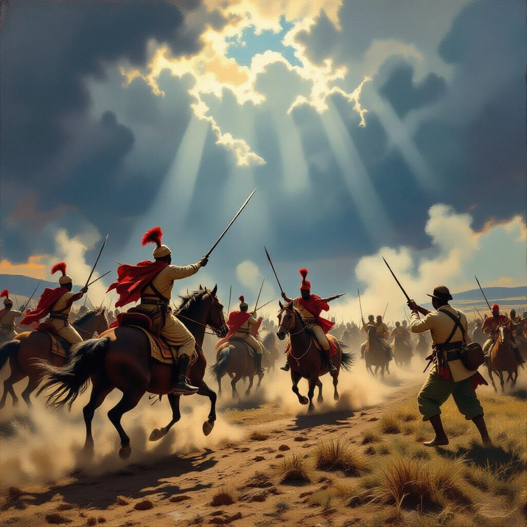 Ethiopian Warriors Charge in Realistic Battle Painting