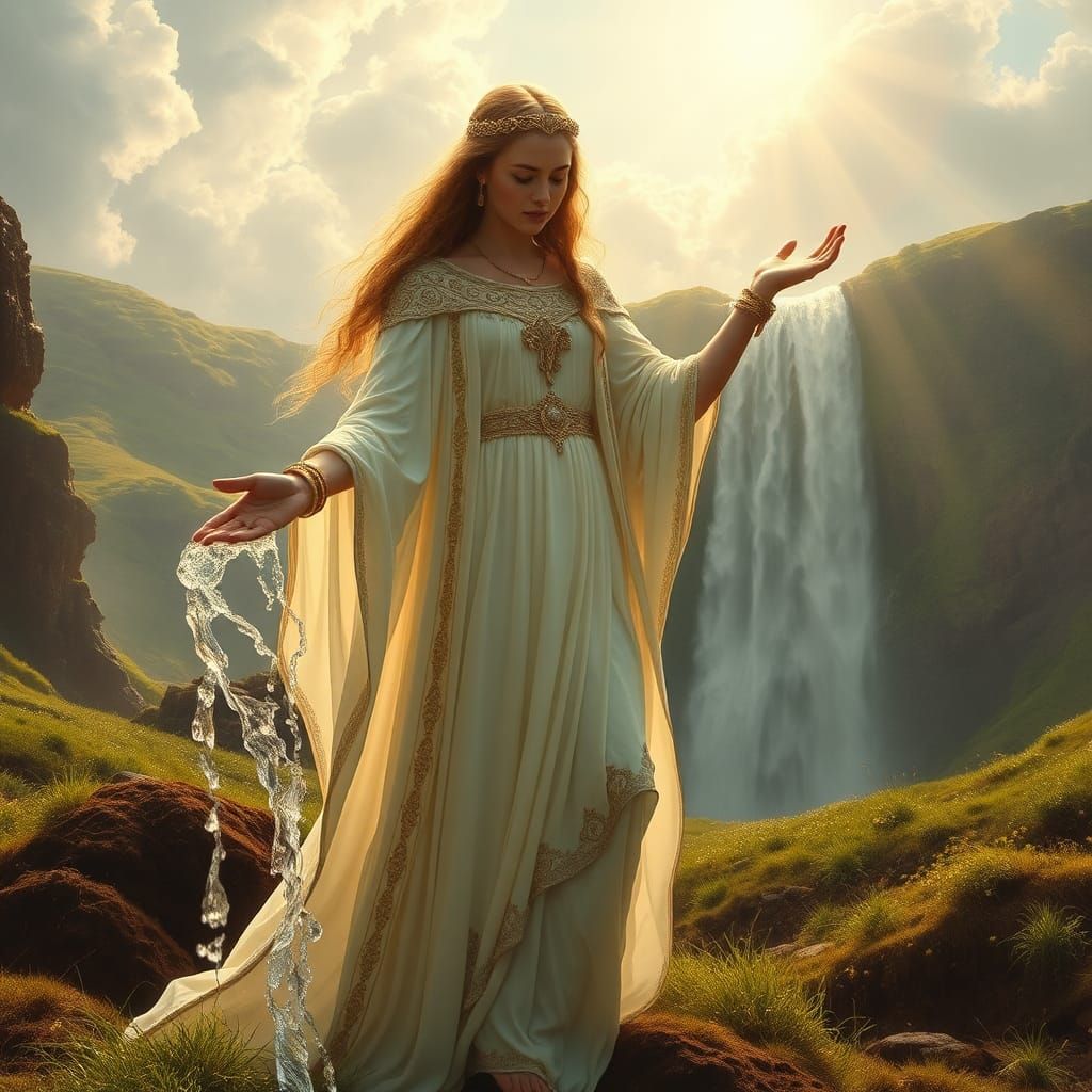 Celtic Goddess Receives Waterfall: Pre-Raphaelite Art