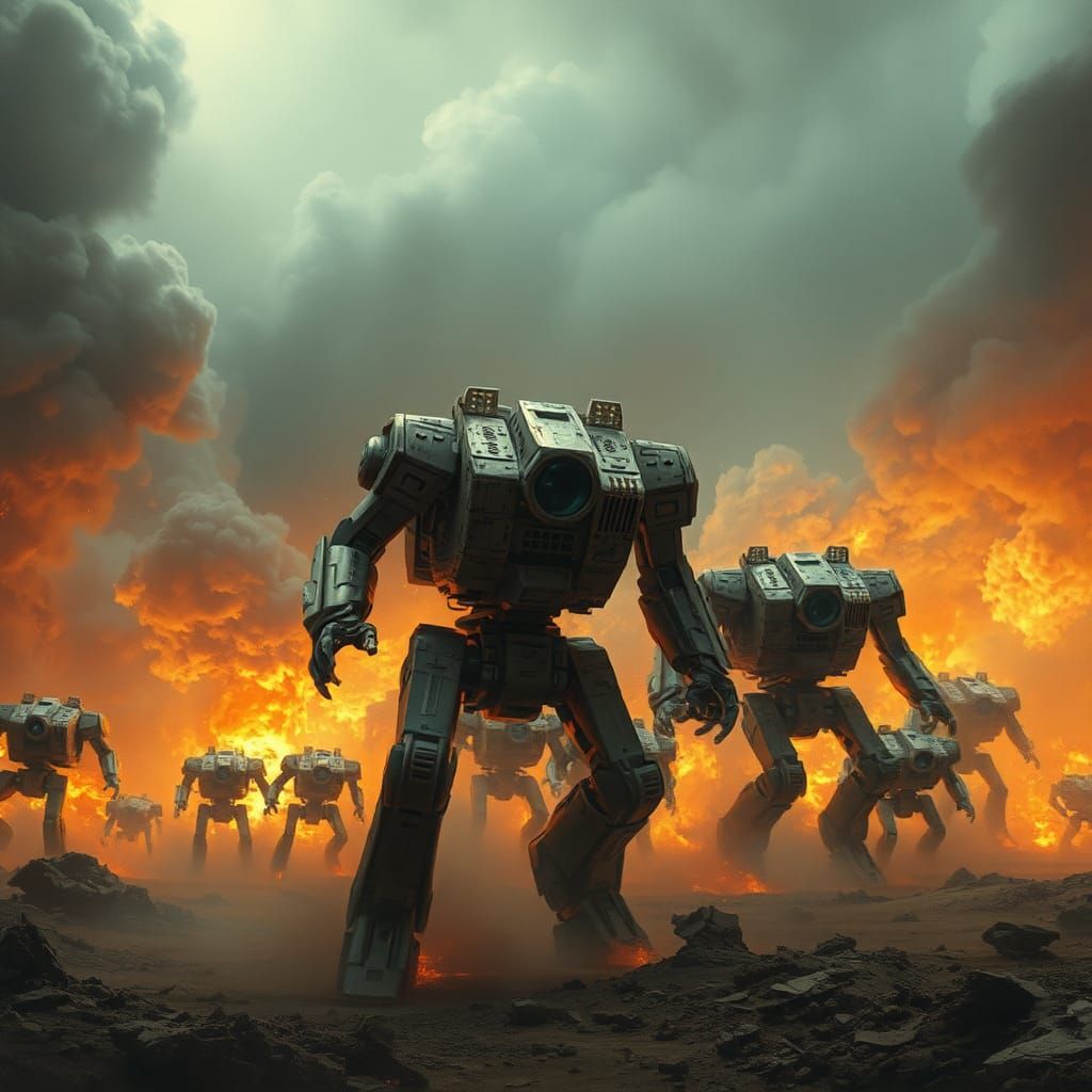 Military Robot Army Faces Storm: Oil Painting