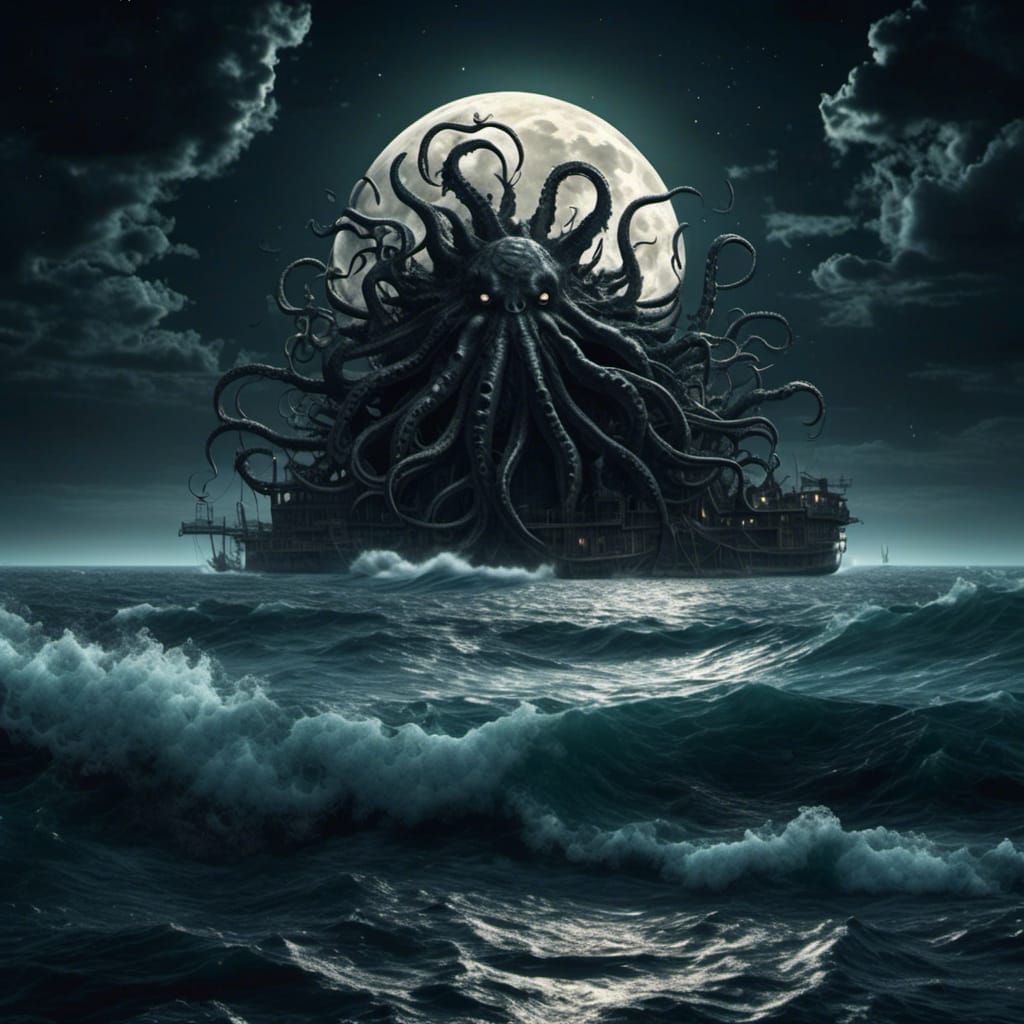 Hyperreal Moonrise Over Tentacled Sea