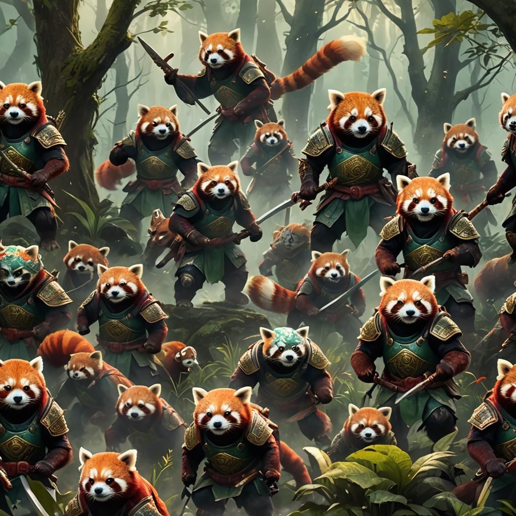 Red Panda Army Marching Through Misty Forest