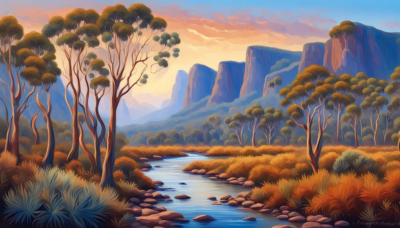 Vibrant Australian Mountainscape in Oil Painting Style