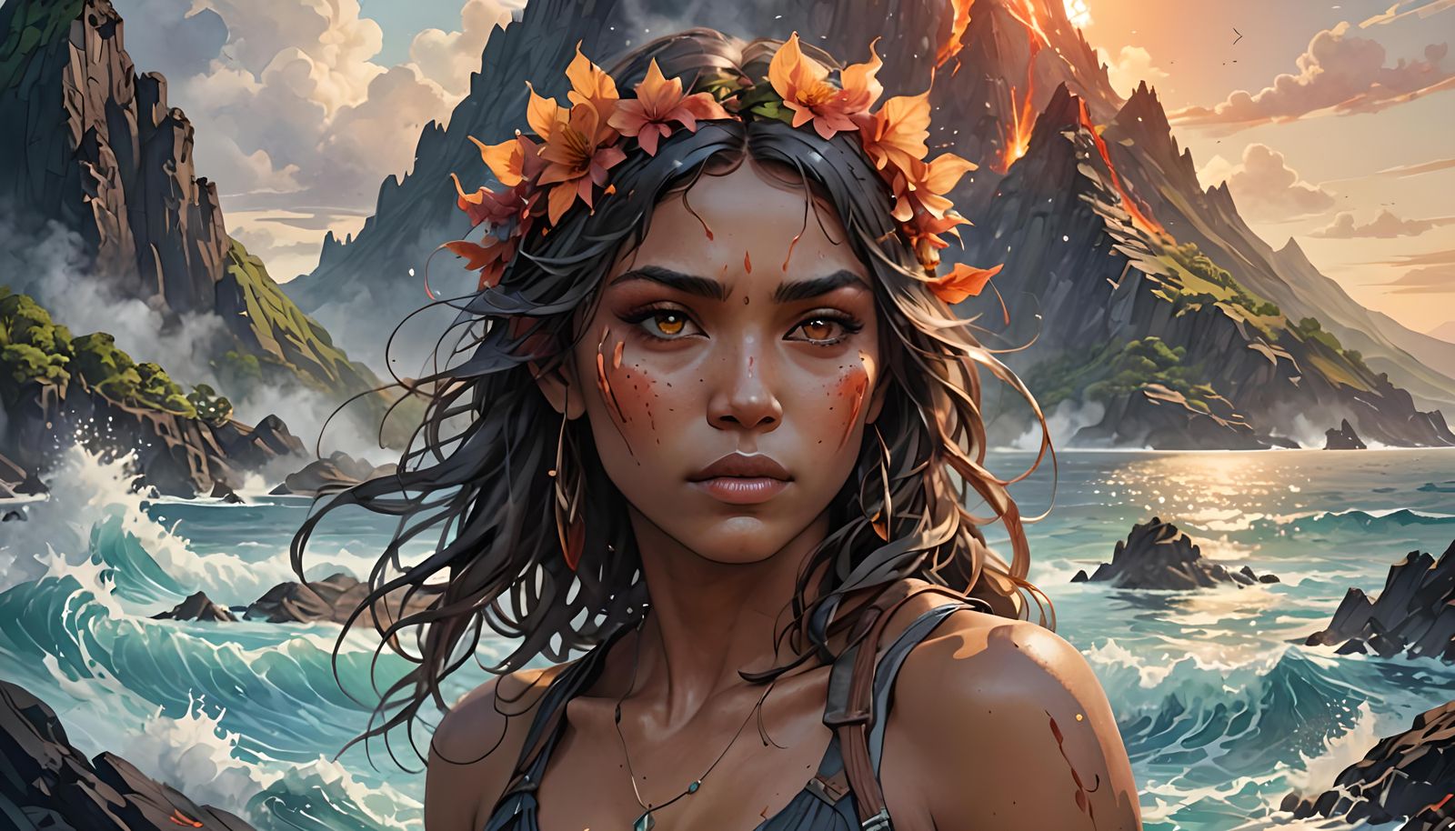 Volcanic Island Paradise in Ink Wash Style