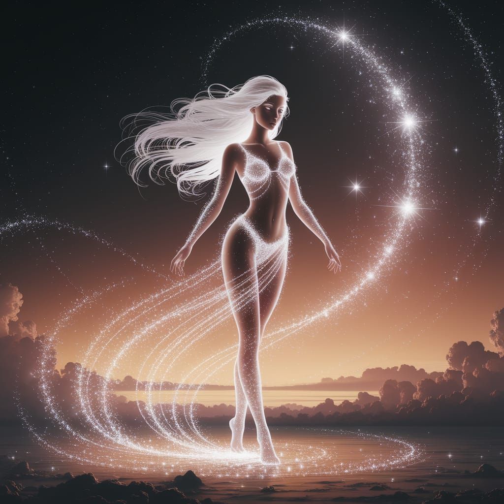 Ethereal Stardust Figure in Cosmic Night Sky