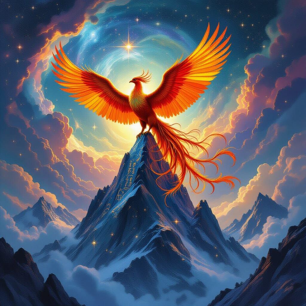 Majestic Phoenix on Crystalline Peak Under Nebula Sky