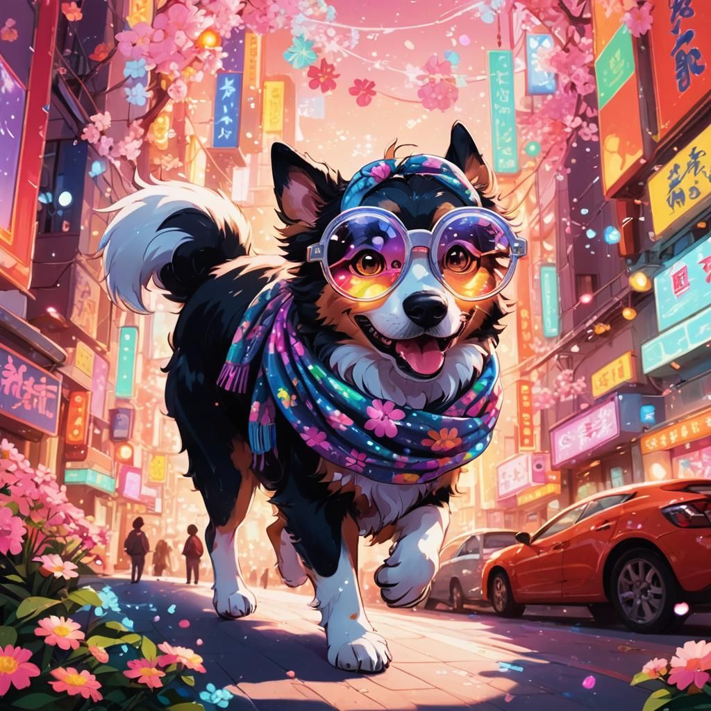 Anime Dog with Scarf and Glasses in Neon Garden