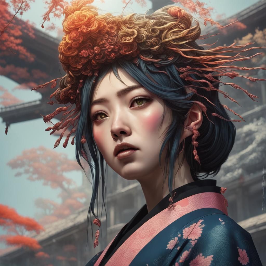 Japanese Gothic Woman: Hyperrealistic Splash Art