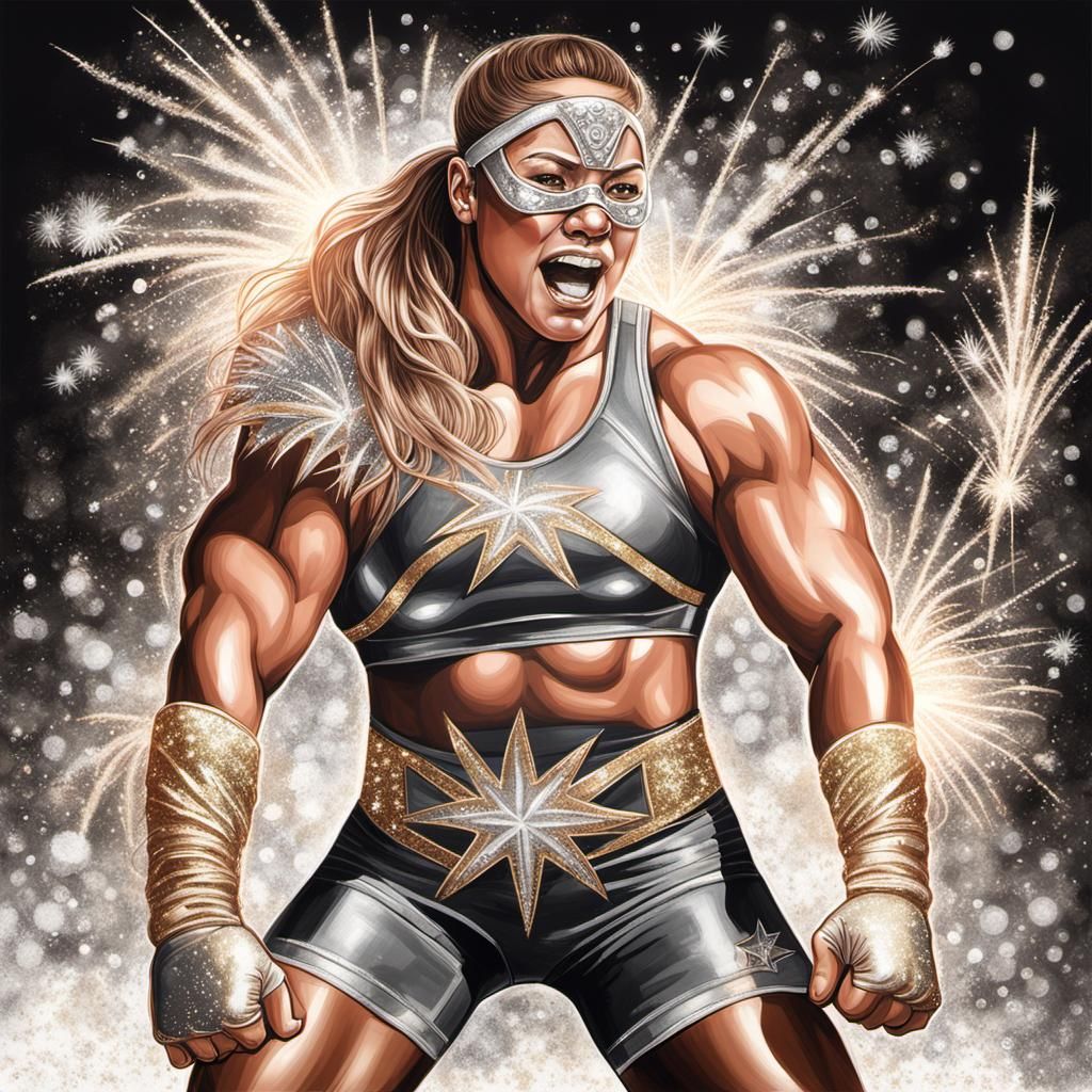 Gold and Silver Wrestler Flexing in Spotlight