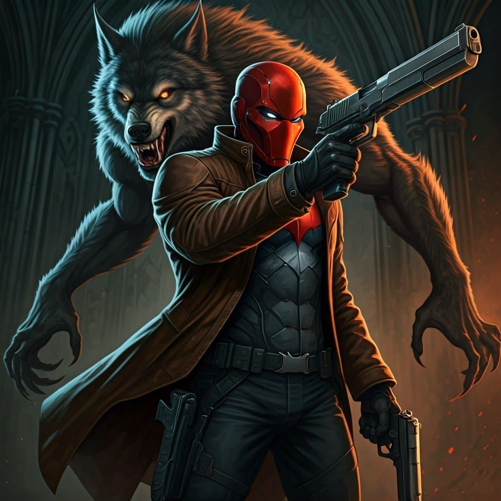 Red Hood Confronts a Werewolf in Gothic Art Style