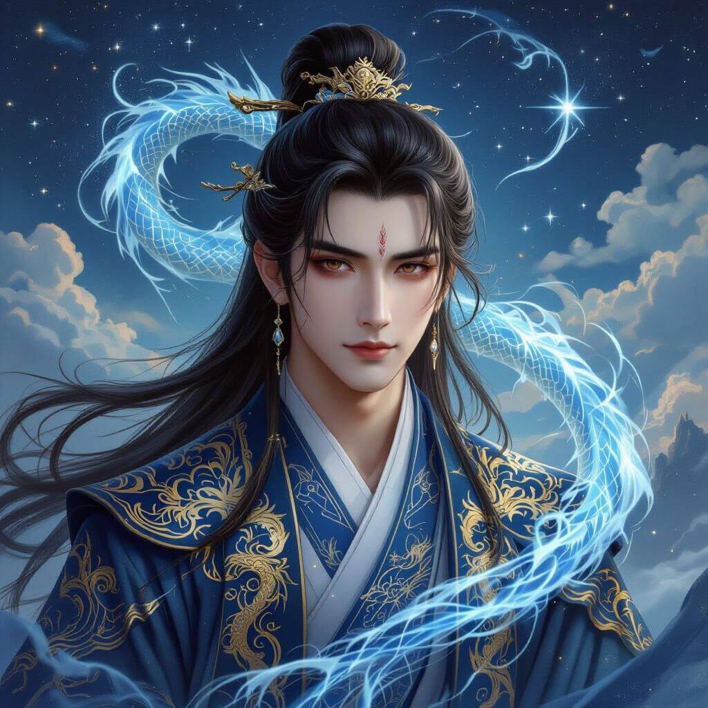 Celestial Dragon-Human Hybrid in Classical Oil Painting