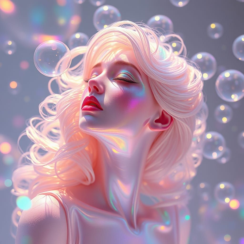 Iridescent Soap Bubble Woman in Dreamlike Realm