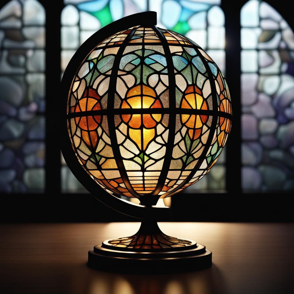 Stained Glass Globe Lamp with Space Silhouette Creature