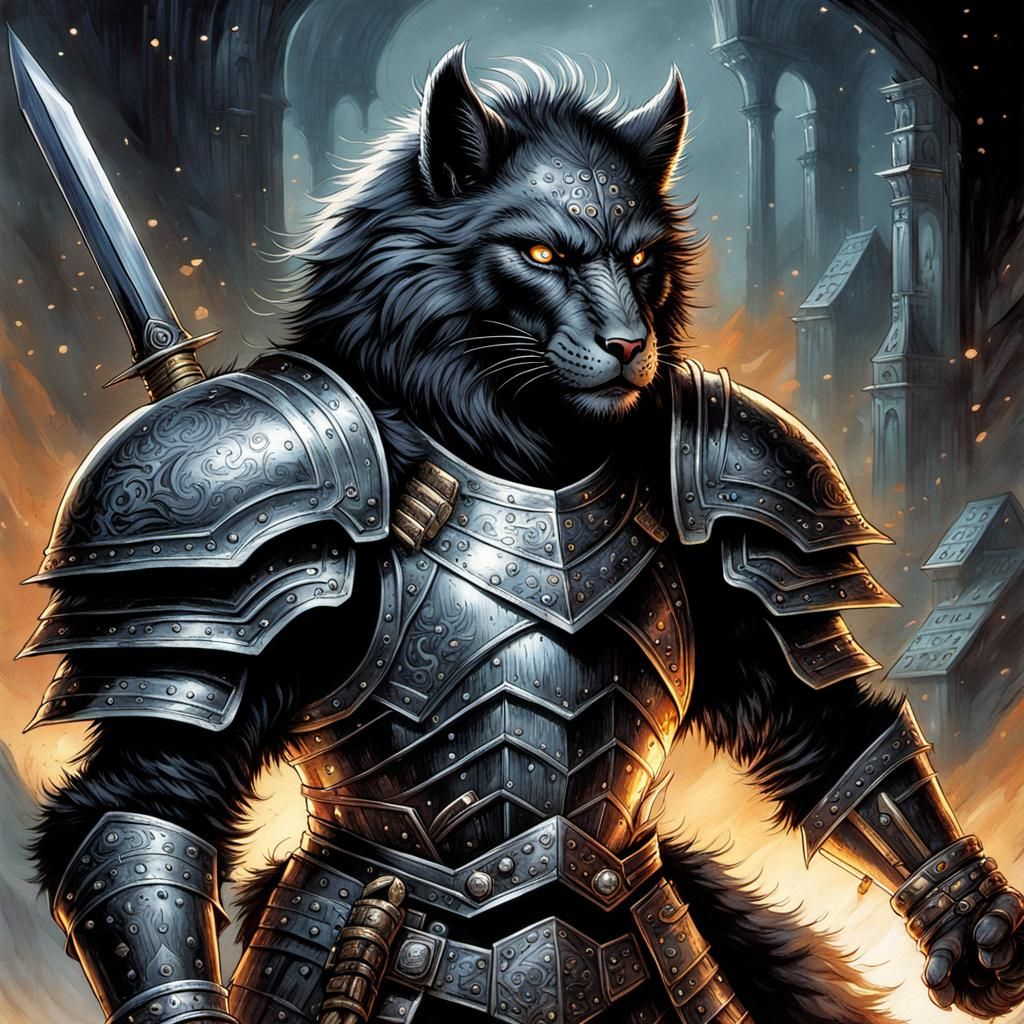 Black Lion Warrior in Armor, Comic Book Art