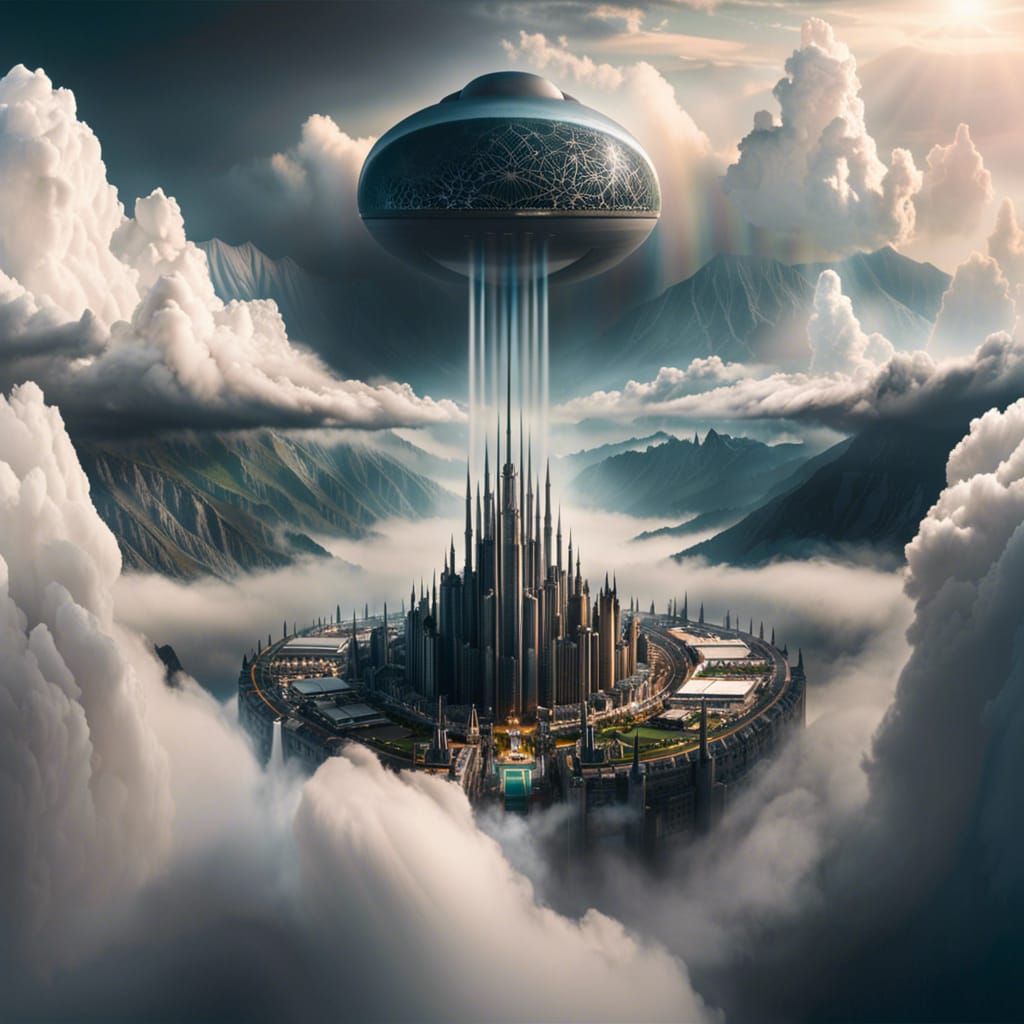 Aerial landscape photography, of a majestic fantasy city, impossibly suspended in the clouds, towers and bridges extendi...