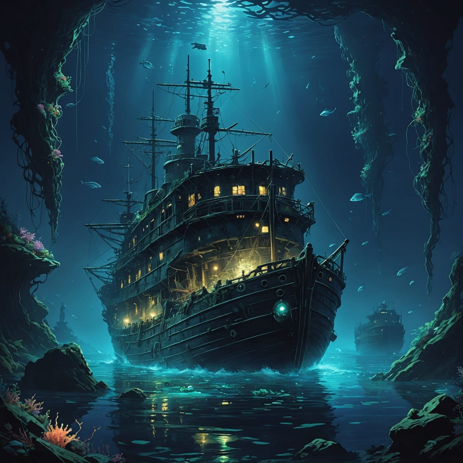 Bioluminescent Shipwreck in Anime Style