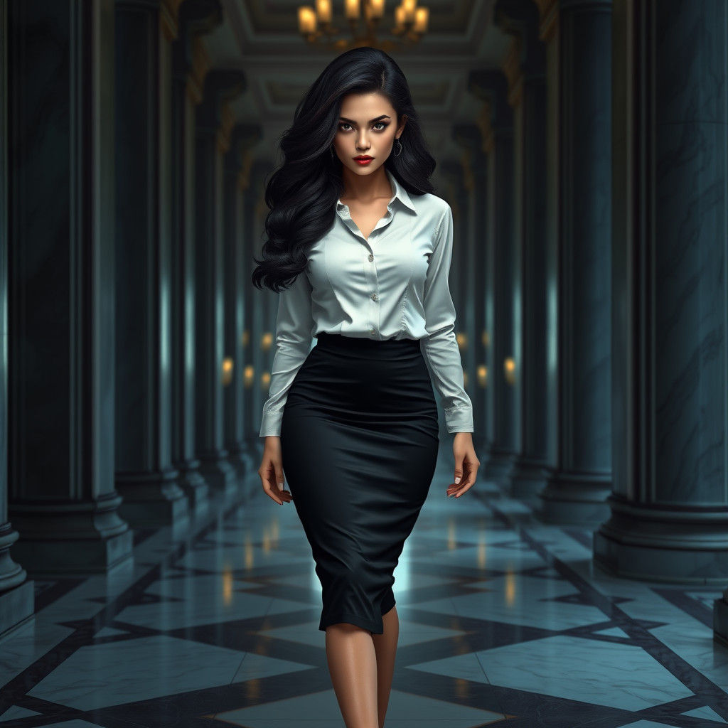Confident Woman in Ornate Hallway, Matte Painting