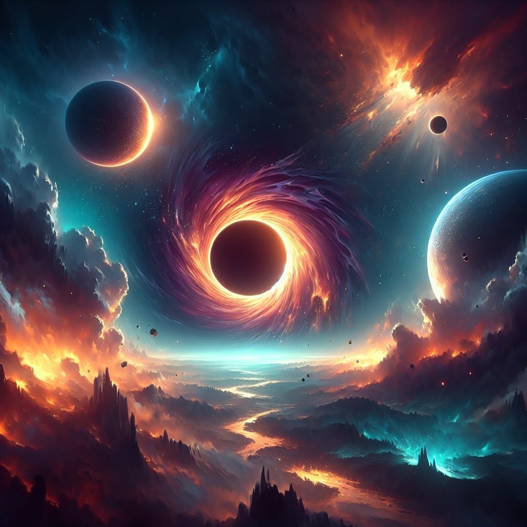 Dramatic Black Hole Consuming Planets, Sci-Fi Concept Art