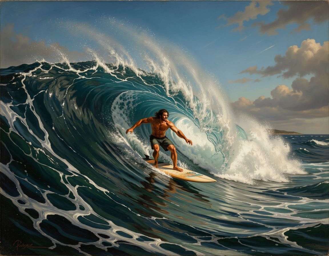 Epic Surfer Rides Dynamic Wave in Baroque Oil Painting