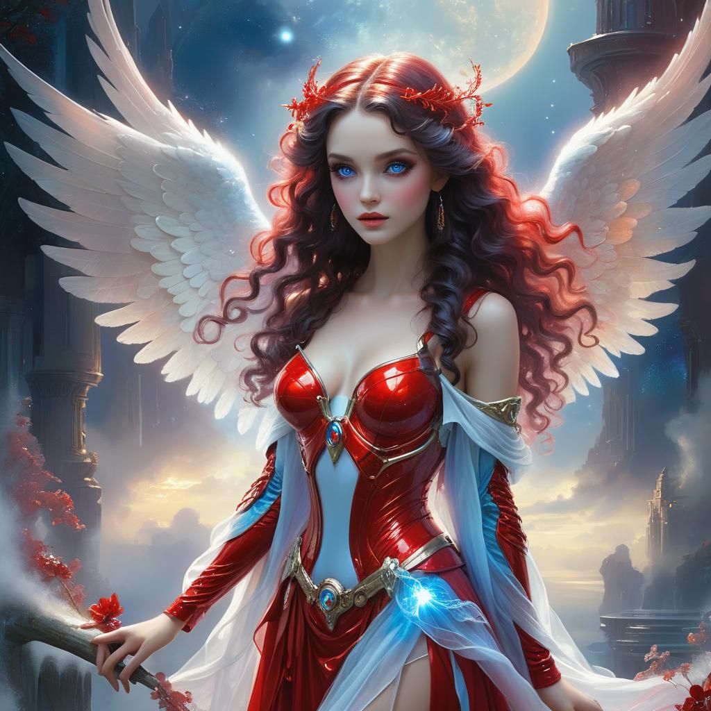 Futuristic Red Angel with Blue Eyes