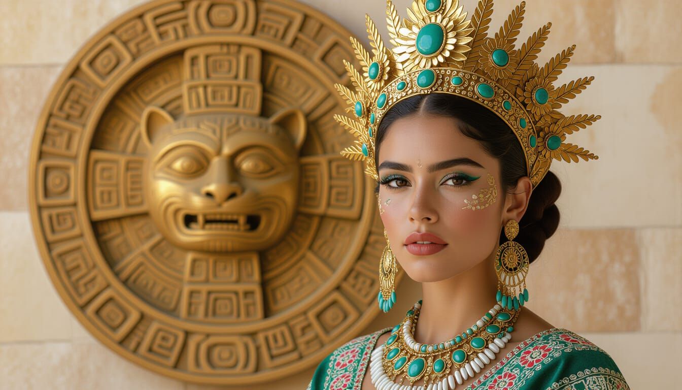 Mexican Woman with Mayan Sun Stone in Photorealistic Style