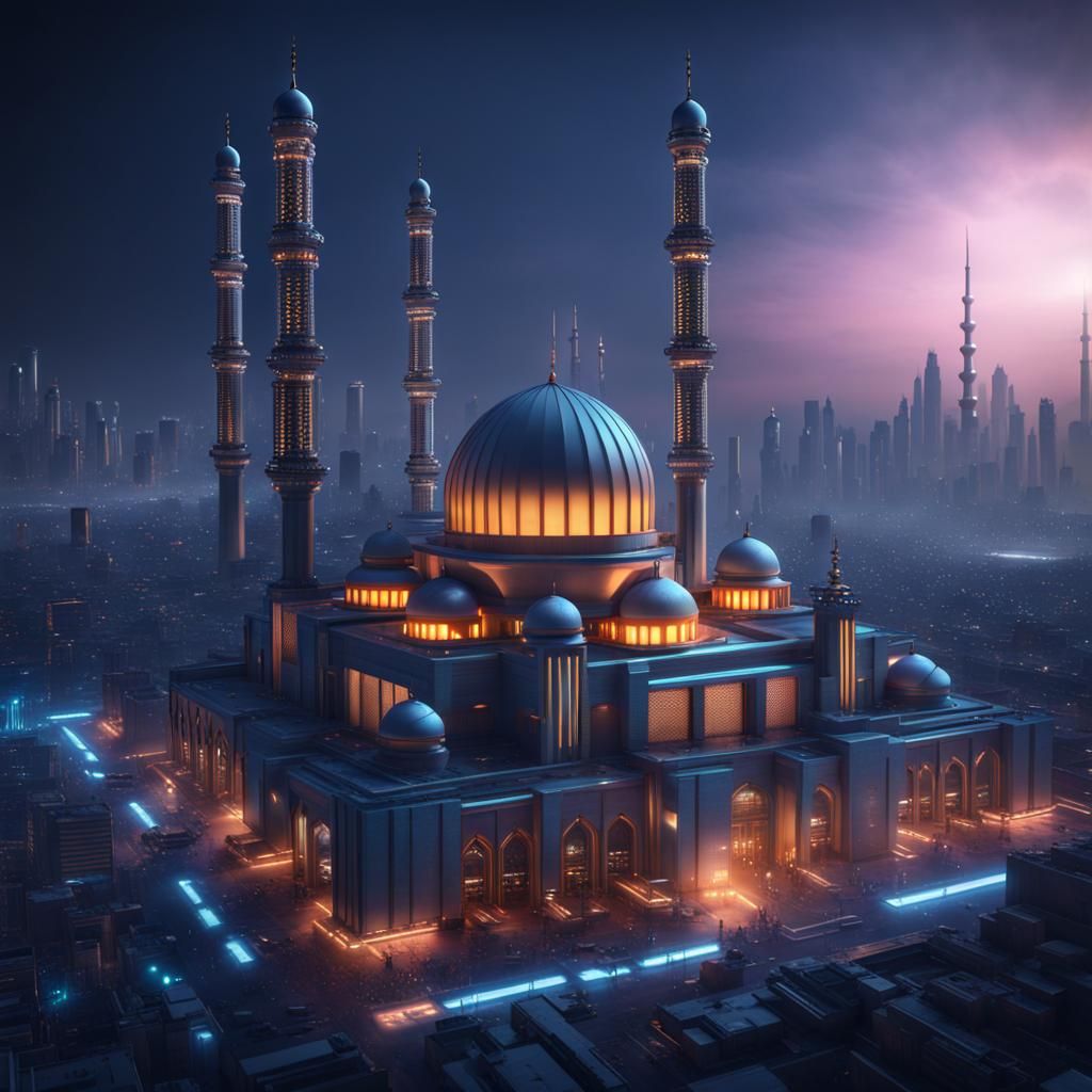 Futuristic Cyber Mosque in Cyber City at Night