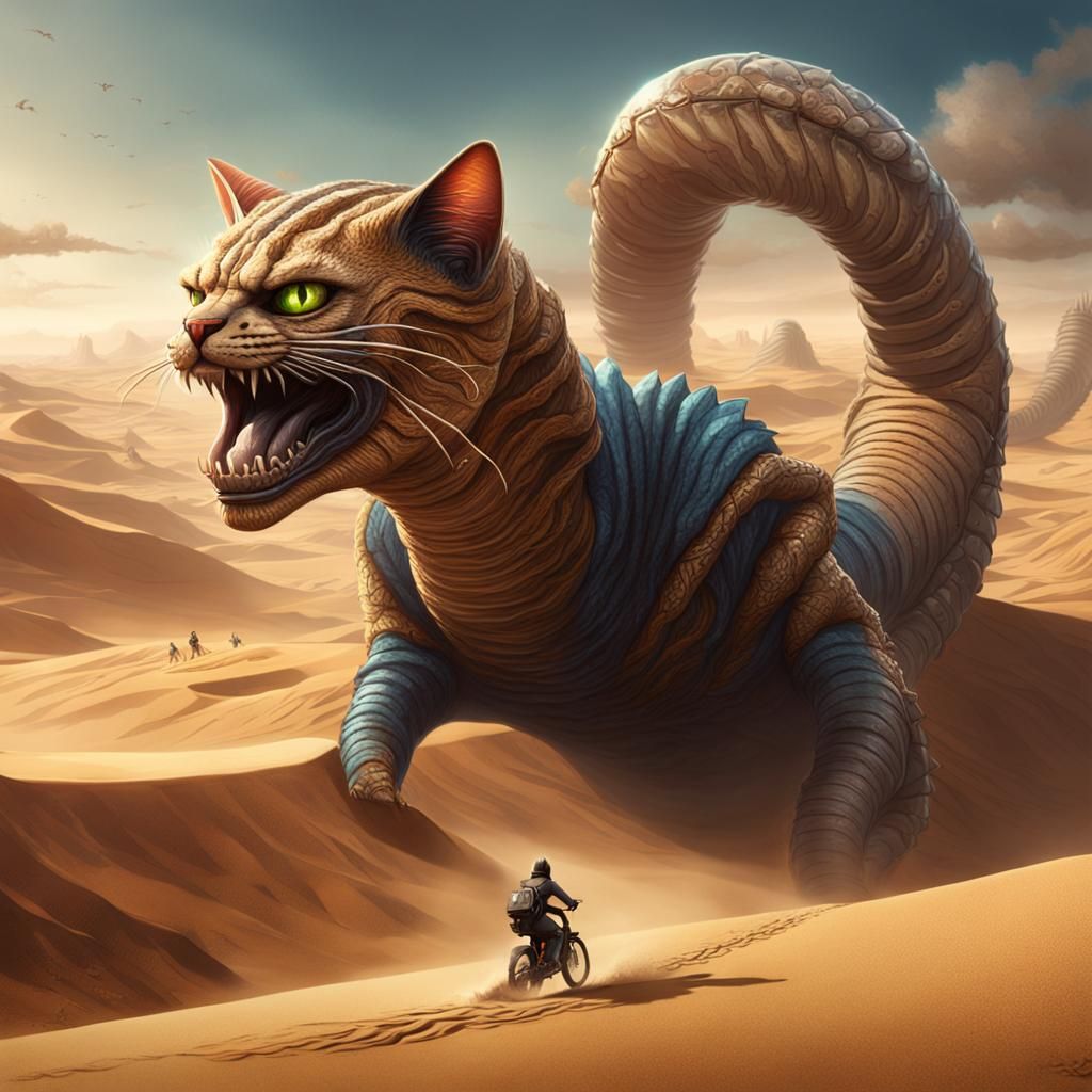Cat Riding Sandworm: Detailed Matte Painting