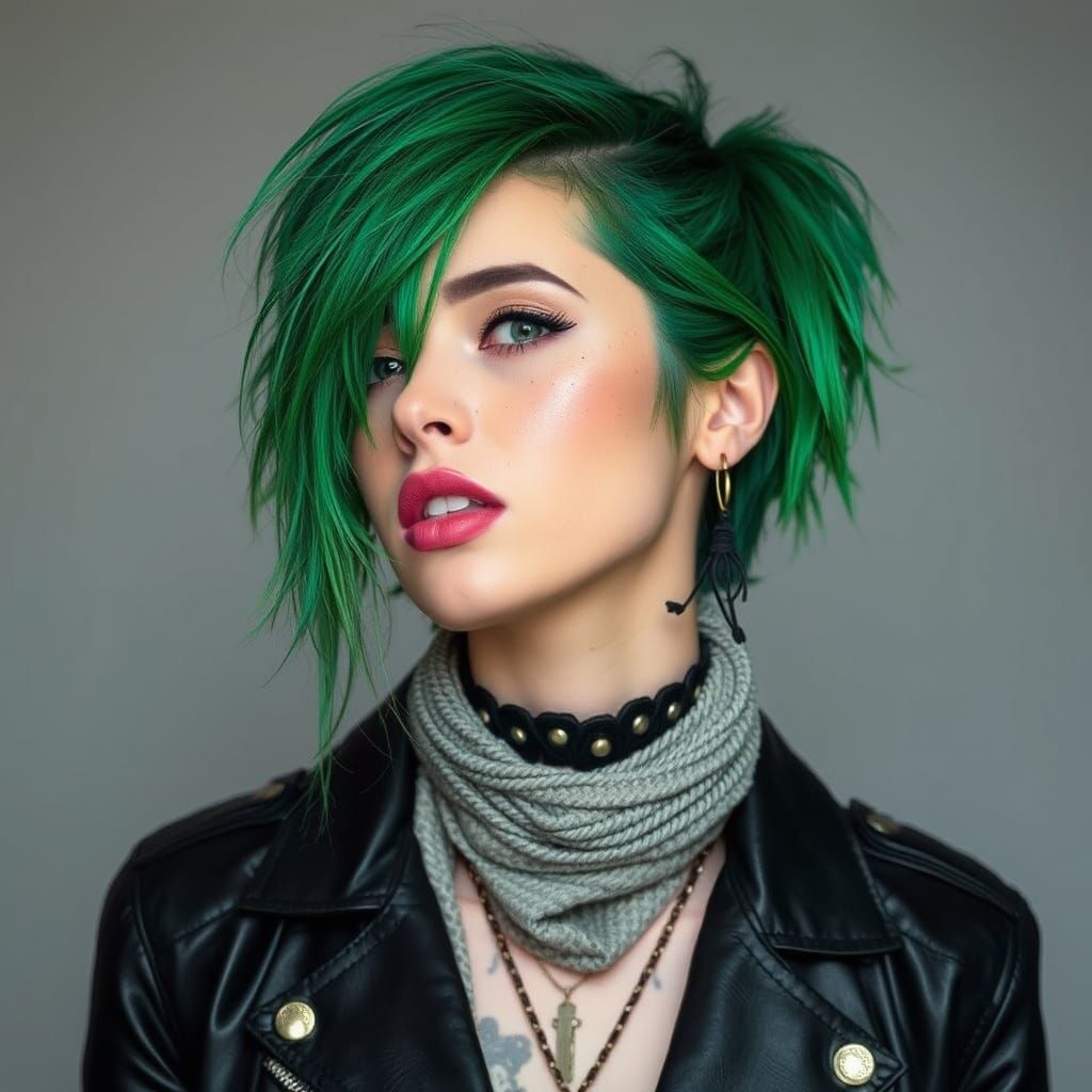 Grunge Female Singer with Vibrant Green Hair in Leather