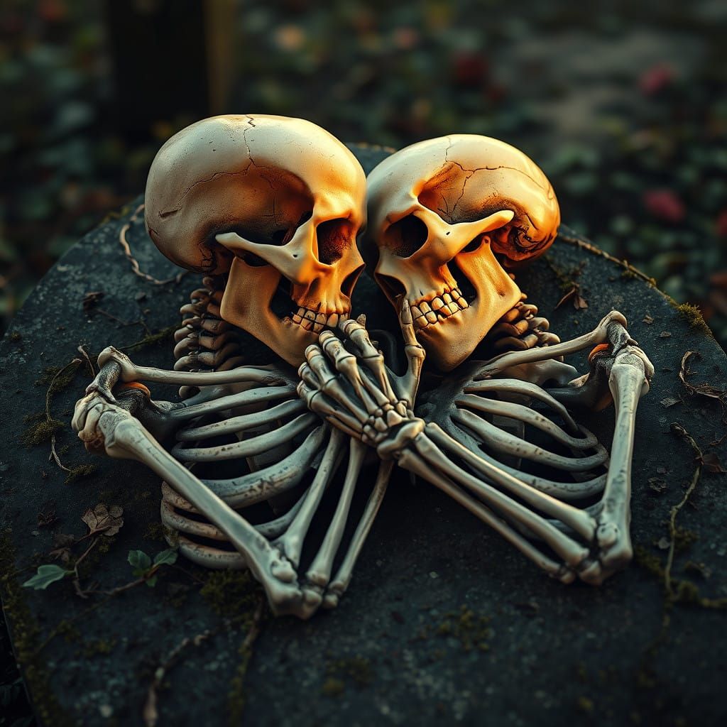 Skeletal Embrace in a Vibrant, Golden Light