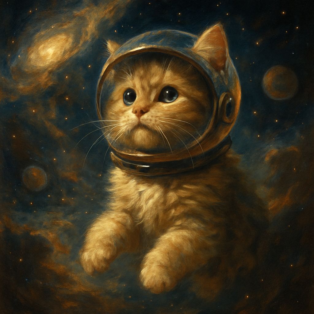 Fluffy Kitten Astronaut in Cosmic Nebula Oil Painting