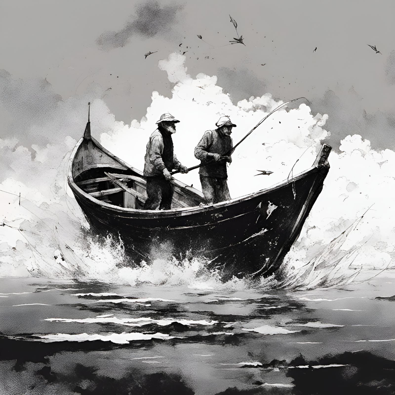Fisherman and Sailfish: Black and White Horror Speedpaint