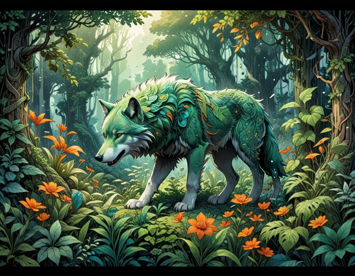 Enchanting Floral Realms: Whimsical Wolf-Like Creatures in a...