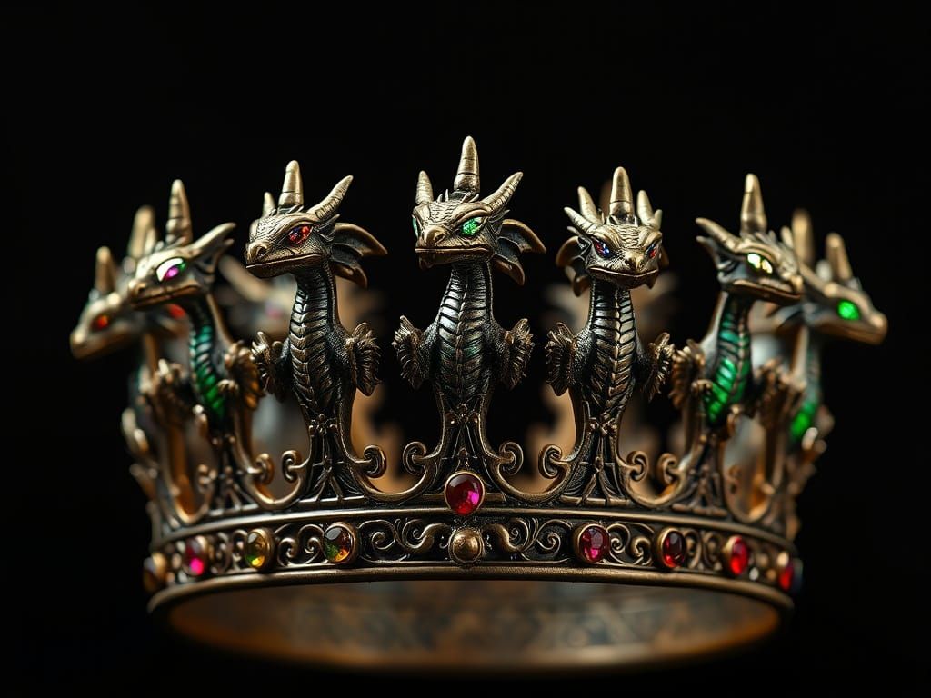 A bronze crown with tiny gem-eyed dragons for spires