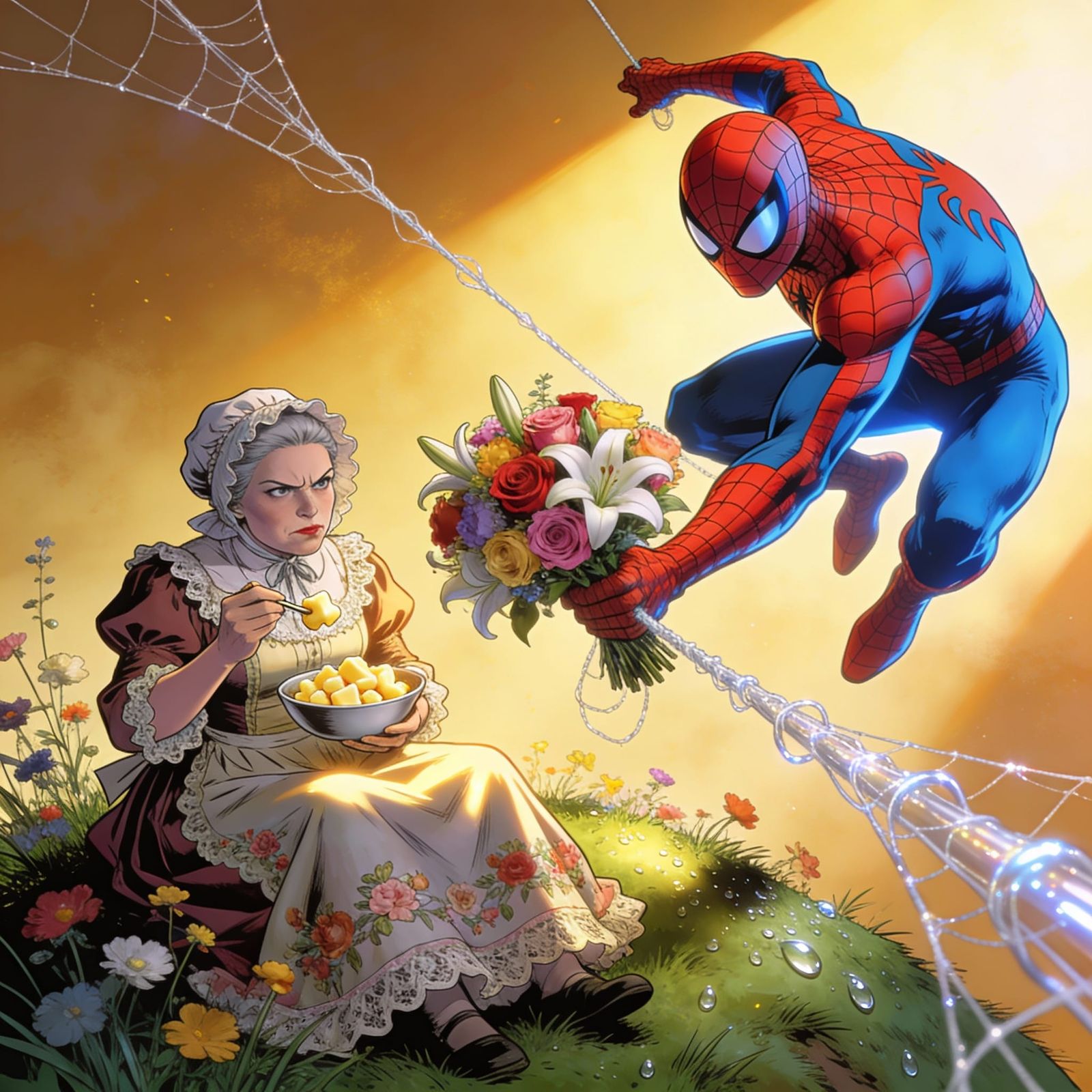Victorian Miss Muffet Meets Spiderman in Action Scene
