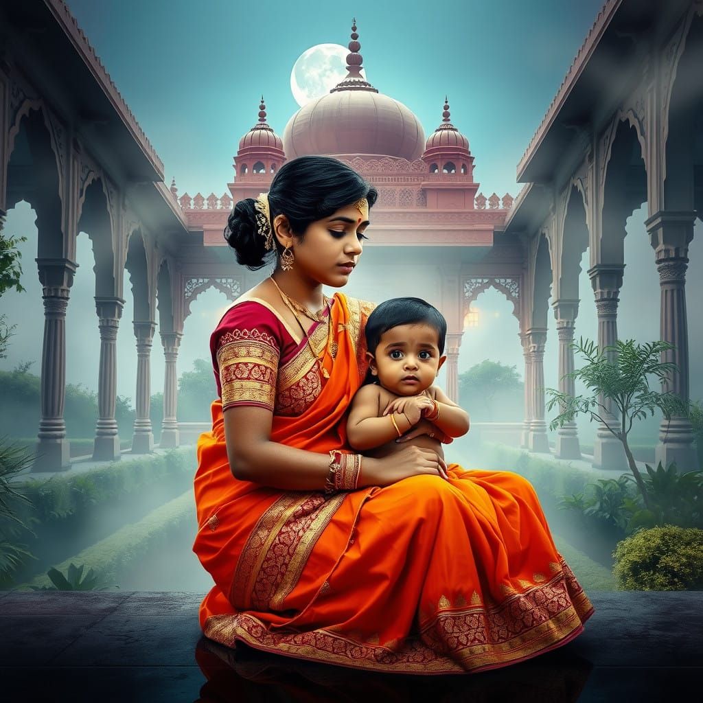 Serenely Seated South Indian Mother and Baby Boy in Dreamlik...
