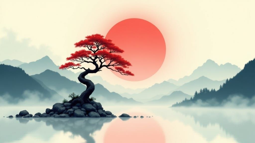 Ethereal Red Sunset with a Lone Tree on a Rocky Island