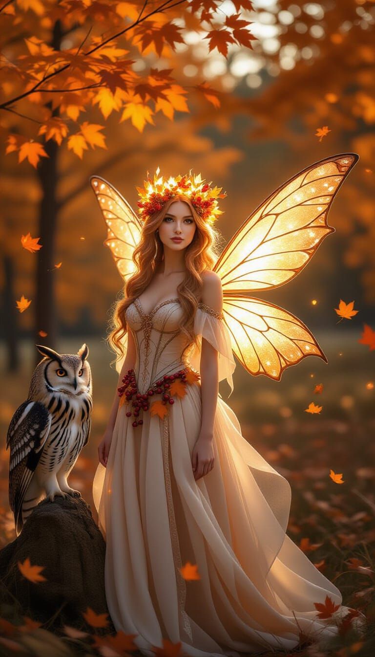 Ethereal Autumn Fairy With Glowing Wings and Owl