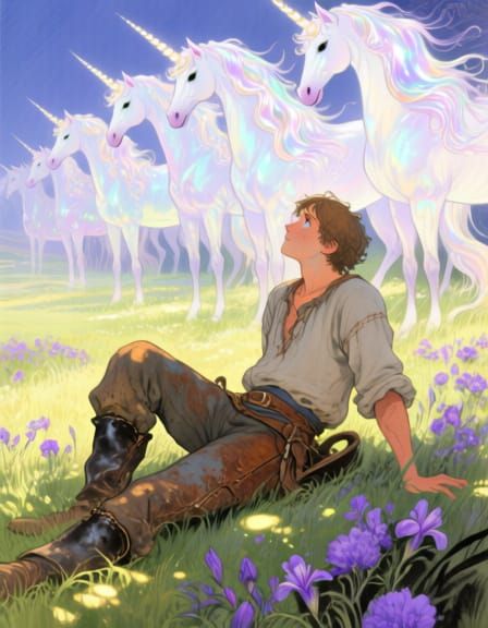 Peasant Ranch Hand Admires Luminous Unicorn Herd in Wildflow...
