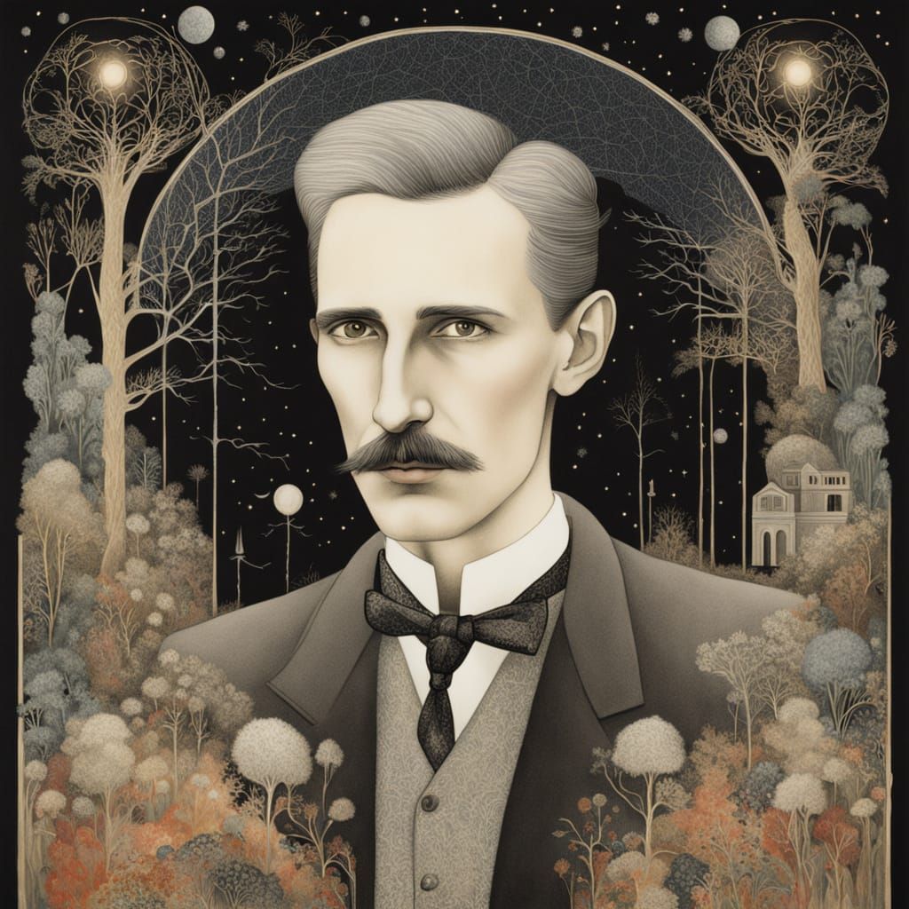 Ethereal Portrait of Nikola Tesla in Mystical Realism Style