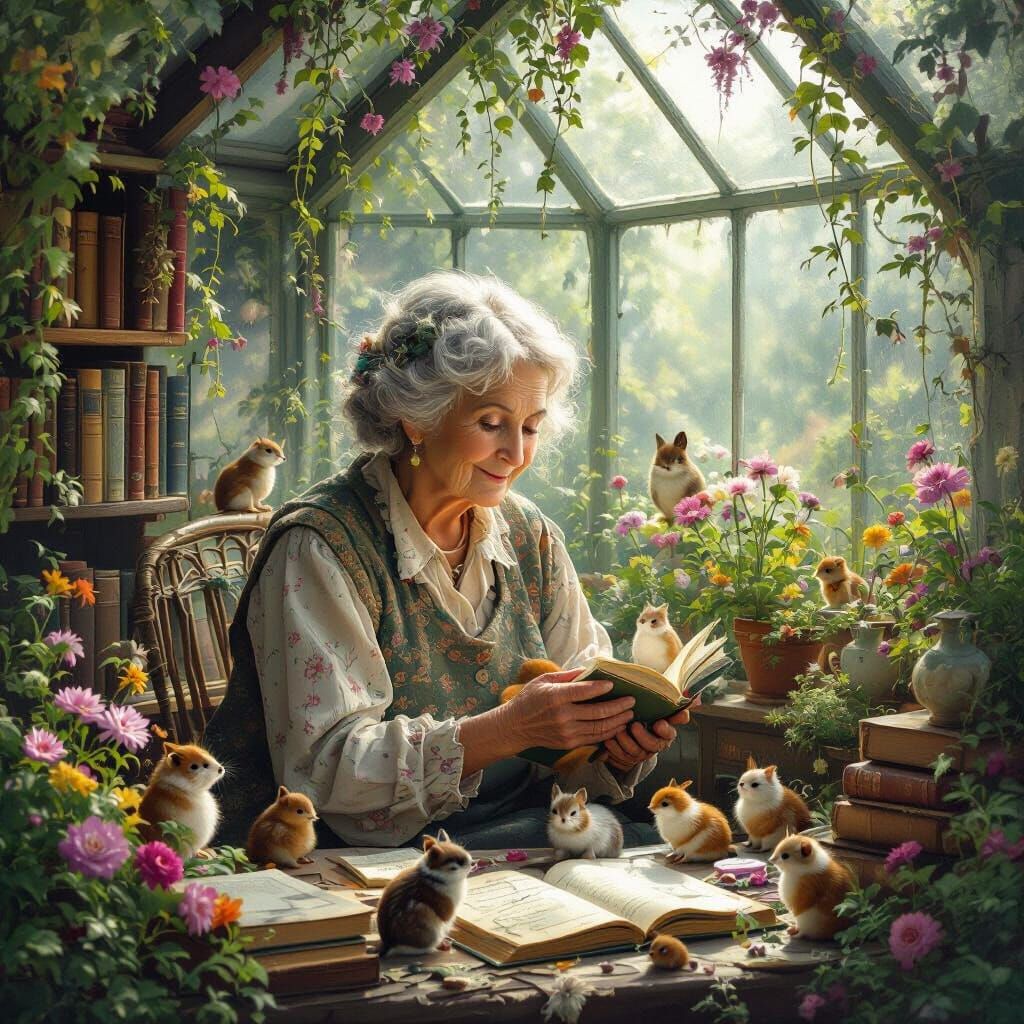 Mystical Greenhouse Sanctuary with Elderly Woman and Animals
