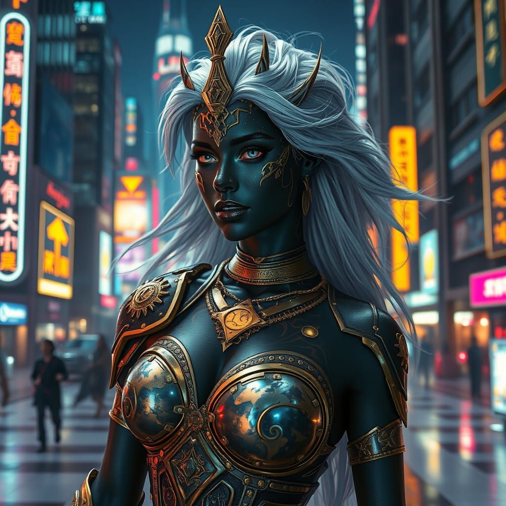 Celestial Goddess of Urban Legends in Neon-Lit Splendor